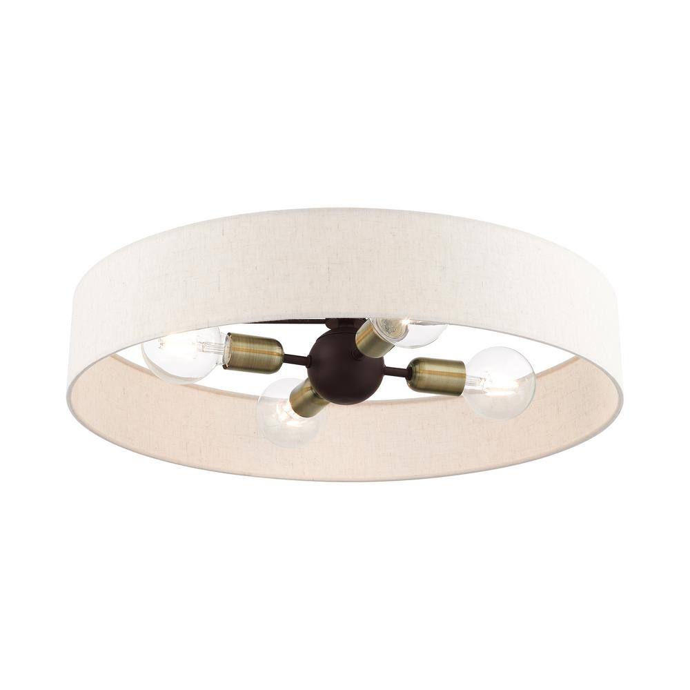 Elegant Bronze Drum Semi-Flush Mount with Oatmeal Fabric Shade
