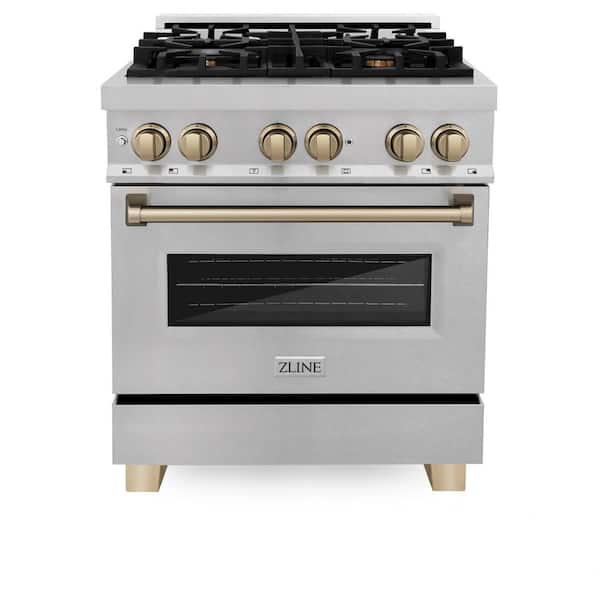 ZLINE Kitchen and Bath Autograph Edition 30 in. 4 Burner Dual Fuel Range in Fingerprint Resistant Stainless Steel and Champagne Bronze