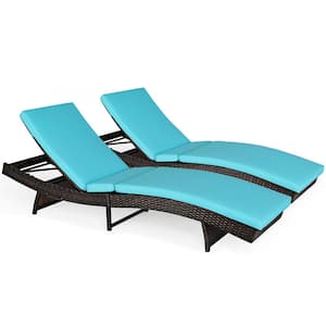 Foldable Wicker Rattan Patio Chaise Lounge Chair with 5 Back Positions Turquoise Cushion (Set of 2)
