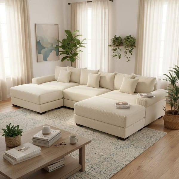 Homy Casa JTGJBC 129.9 in. Straight Arm 5-Piece Corduroy Modular Sectional Sofa with Ottoman and Ergonomic Design in Creamy Beige