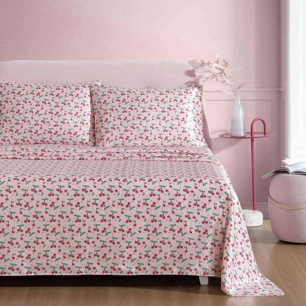 Cherry Good Day 4-Piece Pink Satin Queen Sheet Set
