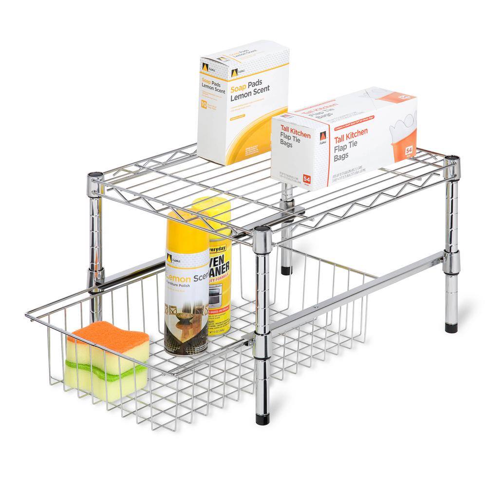 Expandable Chrome Stacking Cabinet Organizer with Pull-Out Basket