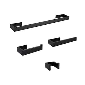 4-Piece Stainless Steel Bath Hardware Set in Matte Black with 24 in. Towel Rack, Coat Hooks Pendant (Nail-Free)