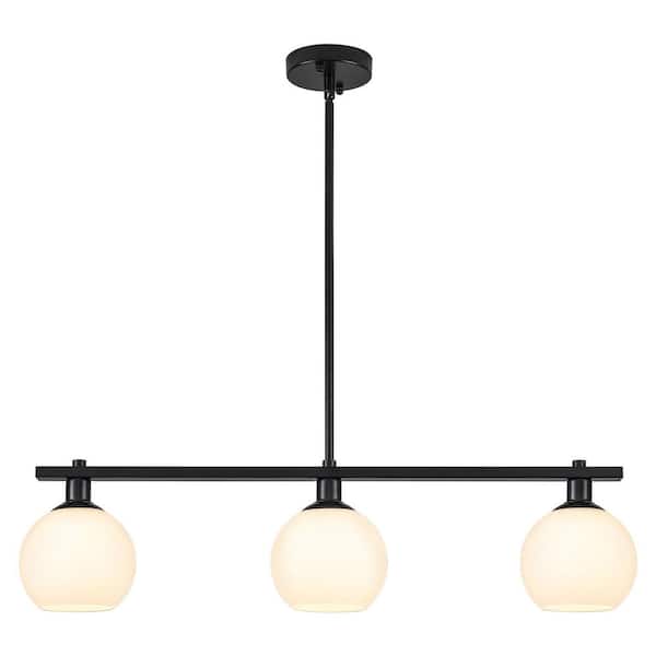 40 -Watt 3 Light Black Linear Glass Globe Pendant Light with Milk White Glass Shade,No Bulbs Included