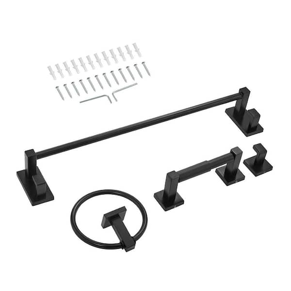 Matte Black Bathroom Hardware Set, 4-Pieces Stainless Steel Bathroom Accessories Set, 24-in. Towel Bar, Towel Ring