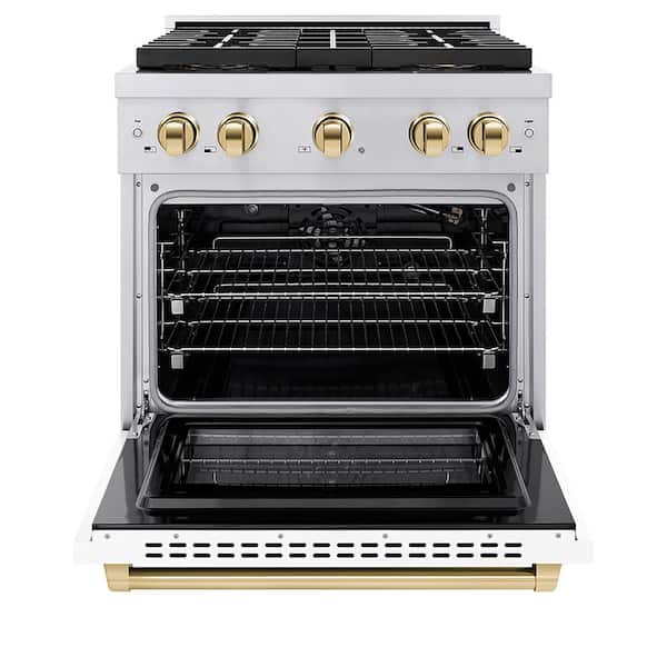 Autograph 30 in. 4.2 cu. ft. Gas Range with 4-Burner Cooktop and Gas Oven in Stainless with White Matte Door and Gold