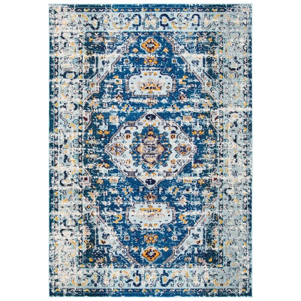 SAFAVIEH Madison Dark Blue/Light Blue 4 ft. x 6 ft. Geometric Border Floral Medallion Area Rug