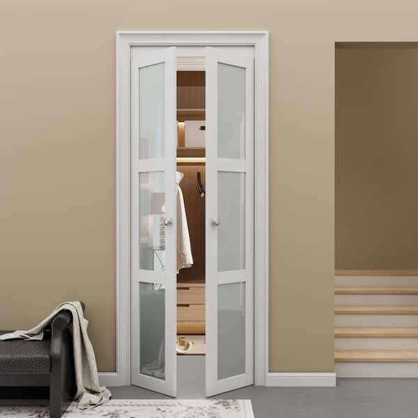 30 in. x 80 in. 3-Lite Frosted Glass Solid Core White Finished (Pivot French) Bi-fold Door with Pivot Hardware