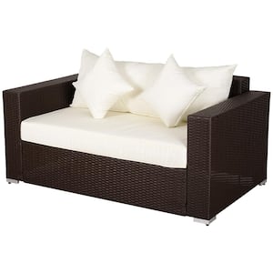 Plastic Wicker Rattan Outdoor Loveseat with White Cushions and 2 White Throw Pillows