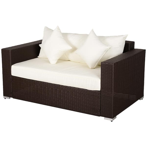Outsunny Plastic Wicker Rattan Outdoor Loveseat with White Cushions and 2 White Throw Pillows
