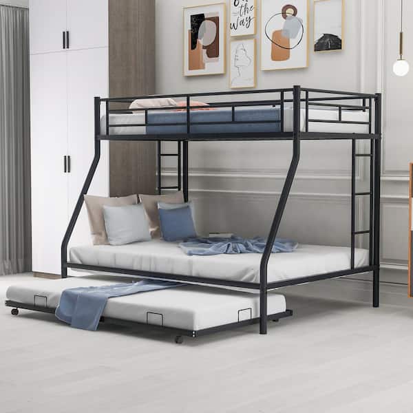 GOSALMON Black Twin over Full Bed with Twin Size Trundle, Two-Side ...