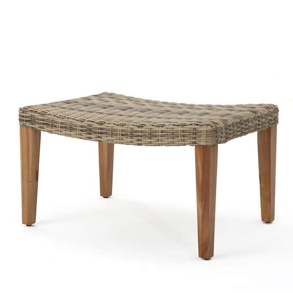 Zeus & Ruta Nature Wicker and Wood Outdoor Ottoman for Backyard, Porch, Poolside and Garden