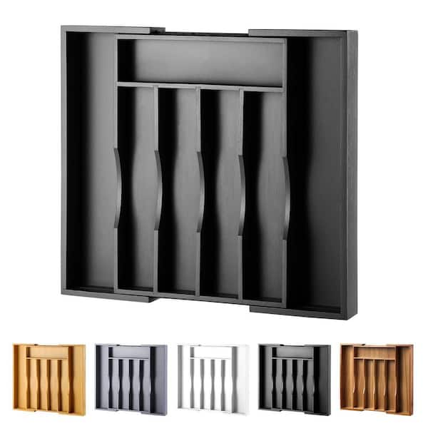 Expandable Bamboo Kitchen Drawer Organizer for Cutlery and Utensils, Adjustable Wood Cutlery Tray in Drawer, Black
