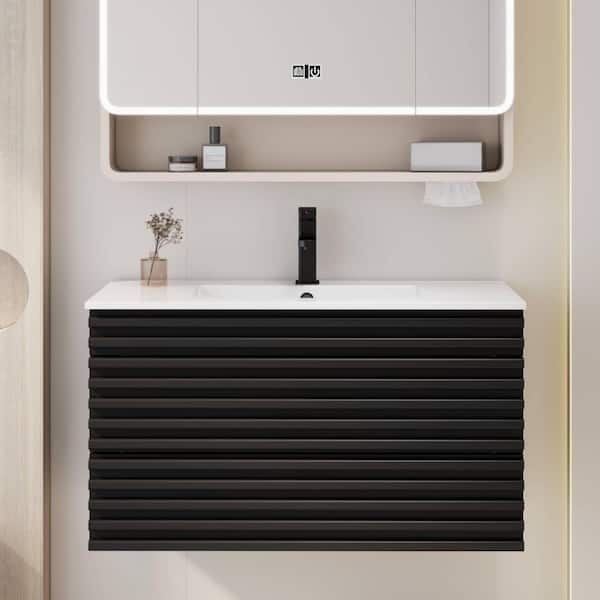 36 in. W x 18.3 in. D x 19.7 in. H Floating 1-Sink Bath Vanity in Black with White Ceramic Top and Drain Faucet Set