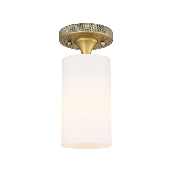Crown Point 3.88 in. 1-Light Brushed Brass Industrial Flush Mount with Seeded Glass Shade