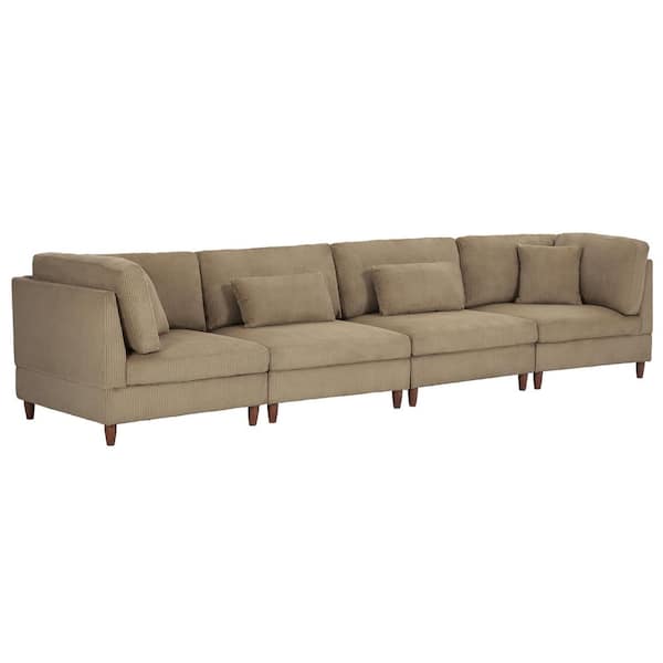 149.5 in. Straight Arm 4-piece Corduroy Upholstered 4-Seater Sectional Sofa in. Camel