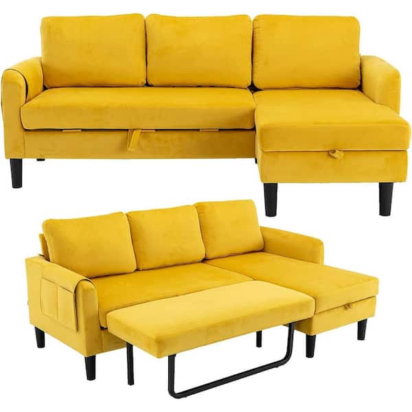 Uixe 72.44 in. Square Arm Velvet Convertible Sleeper Sofa L-Shape Reversible Sectional Sofa in Yellow with Storage Chaise