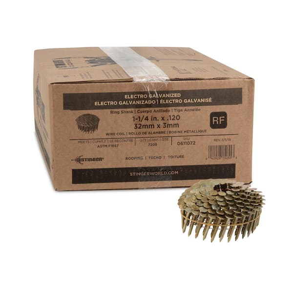 Stinger 1-1/4 in. x 0.120 in. 11-Gauge Electrogalvanized Ring Shank Wire Coil Roofing Nails (7200 per Box)