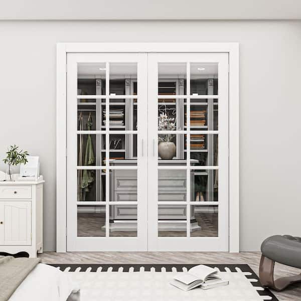 60 in. x 80 in. 10 Lite Decor Clear Glass Solid Core French Doors Without Jamb Double Interior Door Slab with Ball Catch