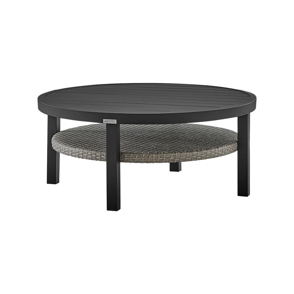 Aileen Black Aluminum Round Outdoor Coffee Table with Grey Wicker Shelf