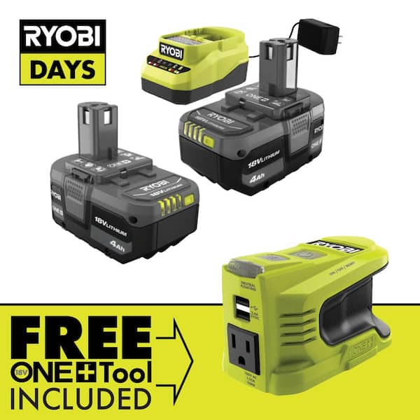 RYOBI ONE+ 18V Lithium-Ion  Ah Compact Battery (2-Pack) and Charger Kit  with Free Cordless 150-Watt Power Inverter PSK006-RYi150BG - The Home Depot