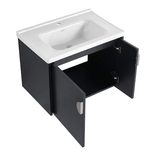 Cesicia 28 in. W x 18.5 in. D x 20.7 in. H Single Sink Freestanding Bath Vanity in Black w/White Ceramic Top and Soft Close Door
