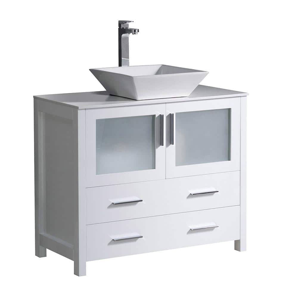 White Ceramic Top Freestanding Modern Bathroom Vanity with Vessel Sink