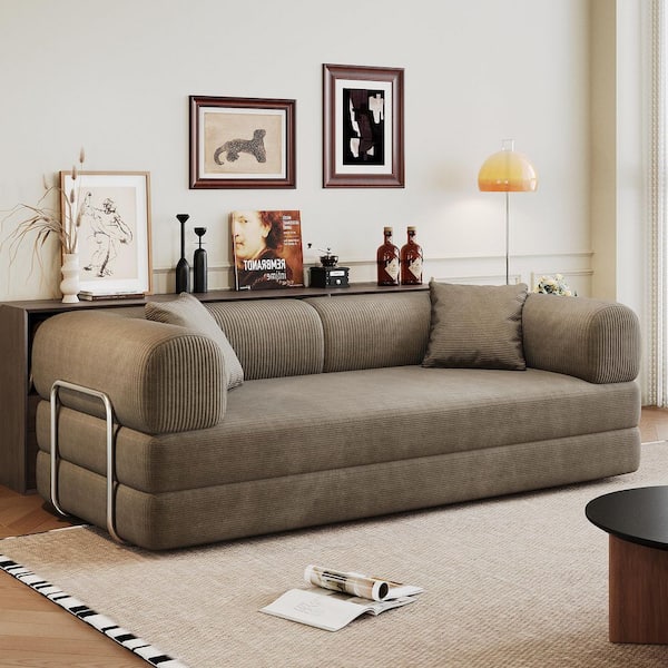 Killian 78.8 in. Round Arm Corduroy Rectangle Convertible Sleeper Sofa Bed in Camel Compressed Foam