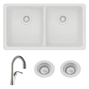 Classic Undermount Quartz Composite 33 in. Double Bowl Kitchen Sink with Faucet and Drain in White
