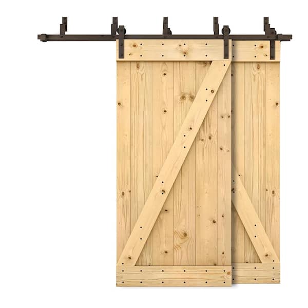 CALHOME 64 in. x 84 in. Z-Bar Bypass Unfinished DIY Solid Wood Interior Double Sliding Barn Door with Hardware Kit
