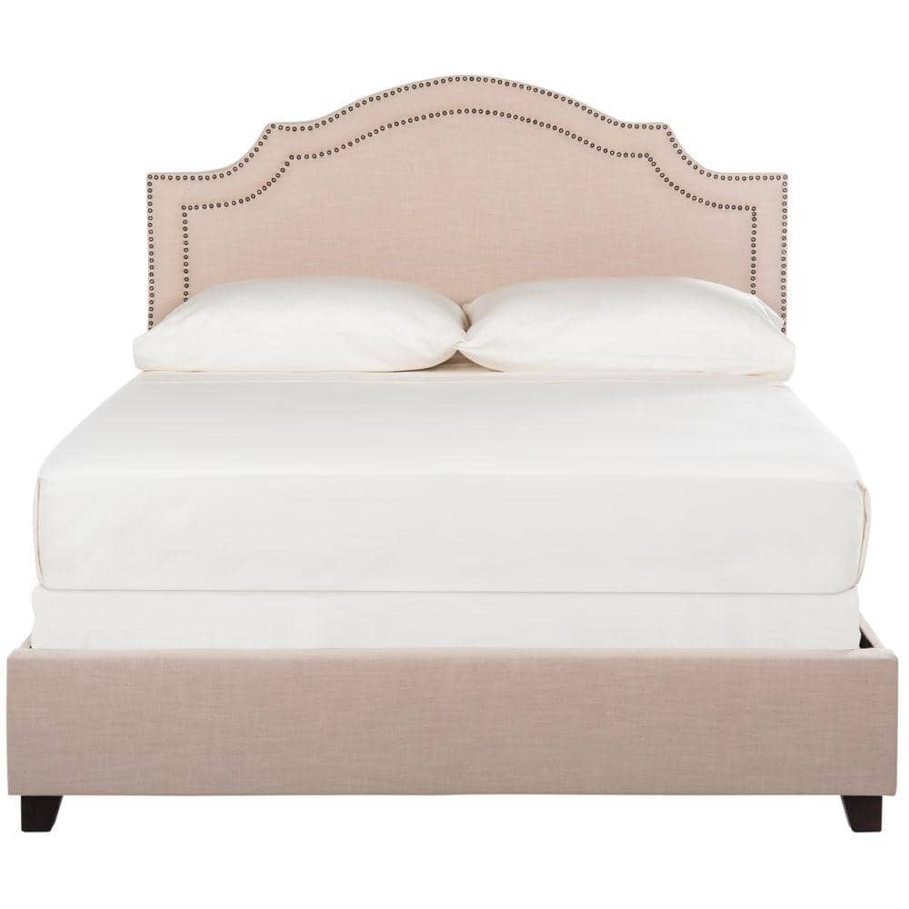 Full Beige Linen Upholstered Platform Bed with Nailhead Trim