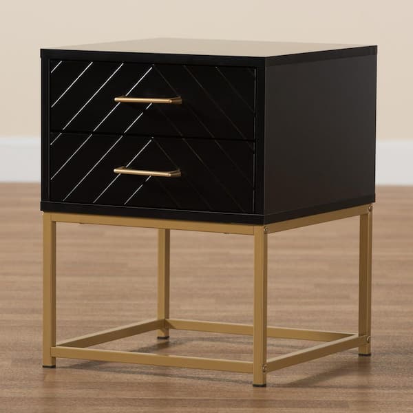 Baxton Studio Inaya 2-Drawer Black and Gold Nightstand (19.7 in. H x 15.7 in. W x 15.7 in. D)