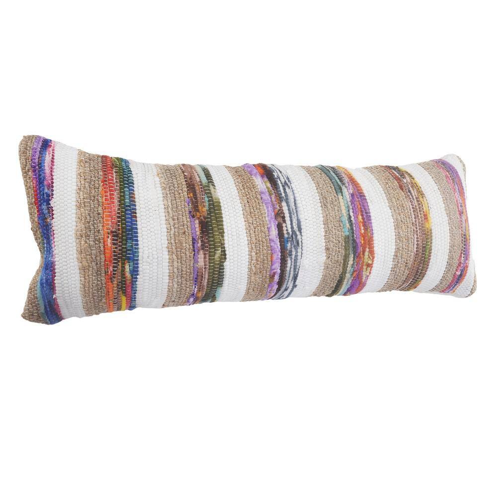 Natural Jute and Multicolored Cotton Striped Rectangular Throw Pillow