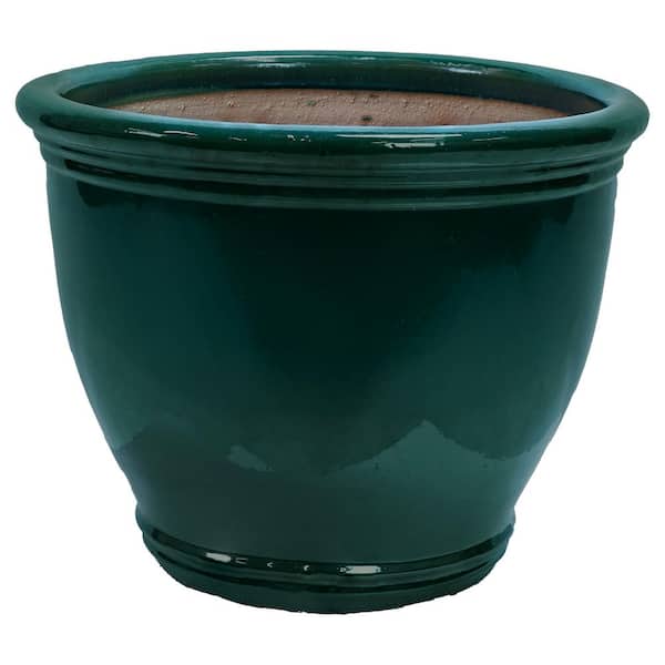 18.5 in. Studio High-Fired Glazed Ceramic Planter-Dark Green