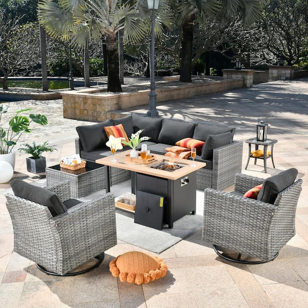 Toject Sanibel Gray 9-Piece Wicker Outdoor Patio Conversation Sofa Sectional Set with a Storage Fire Pit and Black Cushions