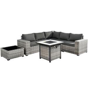 Crater Gray 7-Piece Wicker Wide-Plus Arm Outdoor Patio Conversation Sofa Set with a Fire Pit and Black Cushions