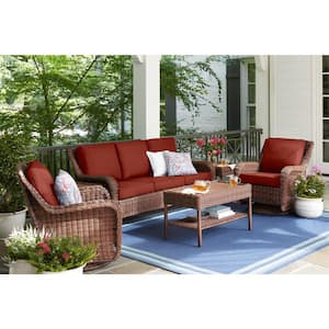 Cambridge Brown Wicker Outdoor Patio Sofa with Sunbrella Henna Red Cushions