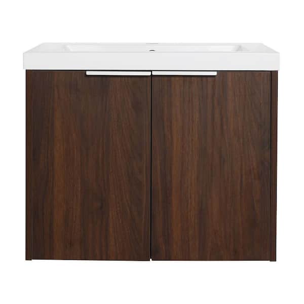Unbranded 23.60 in. W x 18.1 in. D x 19.30 in. H Single-Sink Wall-Mounted Bath Vanity in Brown with Resin Top in White, Bathroom