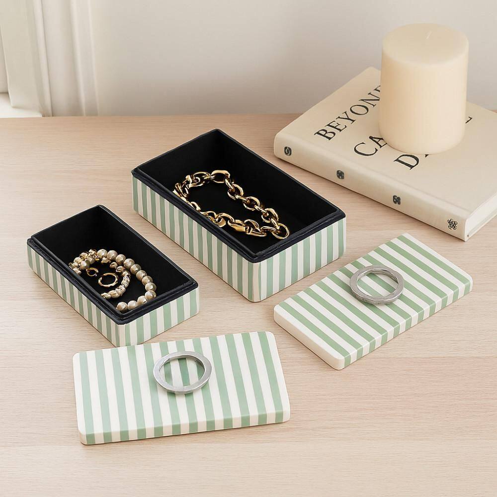 12 in. and 14 in. Green/Ivory Resin Wood Decorative Striped Boxes with Hardware Set of 2 price history on PriceWatchPro