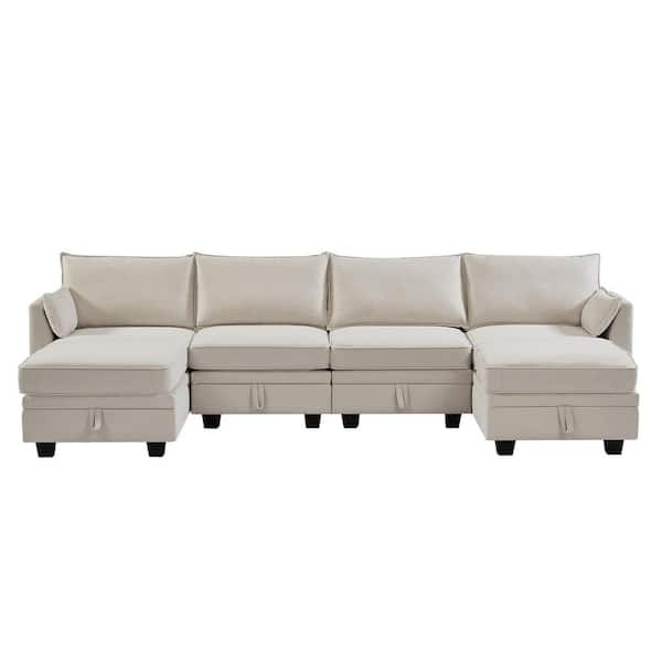 Angel Sar 115 in. Flared Arm 3-Piece Linen U-Shaped Sectional Sofa in Beige with Convertible