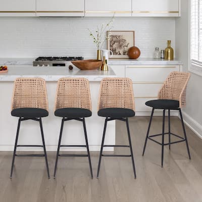 42.7 in. H Woven wicker High Back Metal Bar Stool with Black Chenille Fabric Seat Cushion(set of 4)