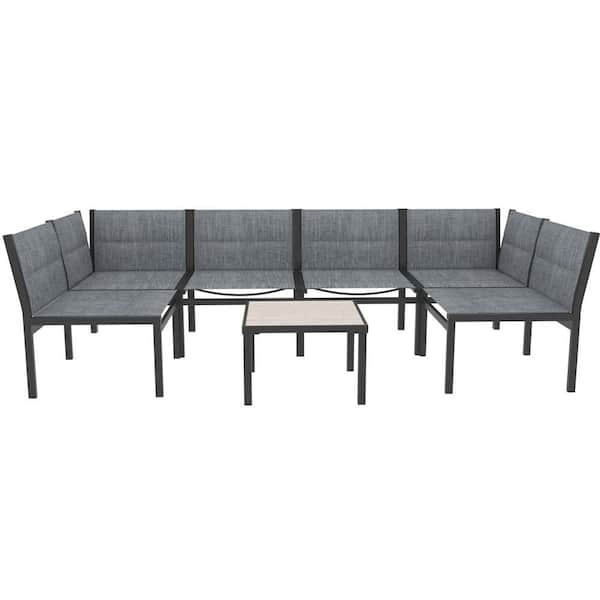 Sudzendf 7-Piece Black and Dark Gray Metal Patio Conversation Set with Coffee Table