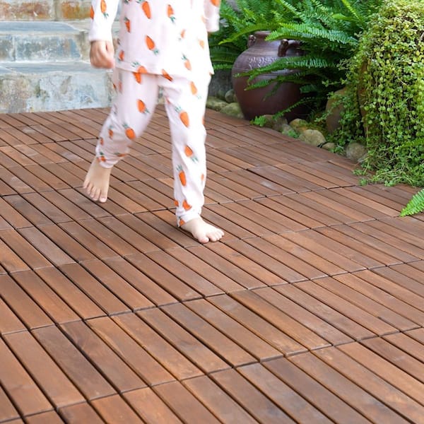 30 PCS Interlocking Deck Tiles Striped Pattern, 12" x 12" Square Acacia Wood Outdoor Flooring for Patio, Brown