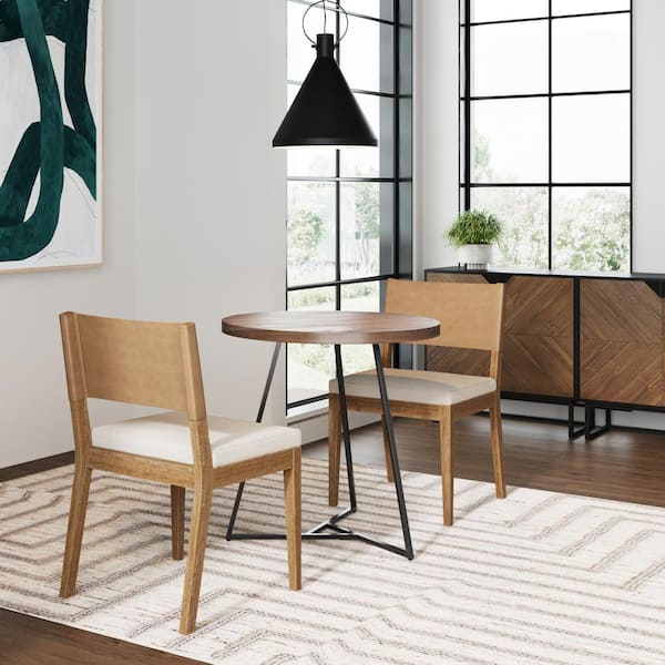 Nathan James Linus 19 in. Light Brown High Back Solid Wood Dining Stool with Flax Upholstered Seat and PU Leather Back, Set of 2