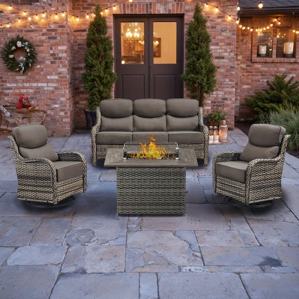 5 Seat 5-Piece Gray Wicker Outdoor Fire Pit Patio Set with Gray Cushions, Swivel Chairs and Fire Pit Table