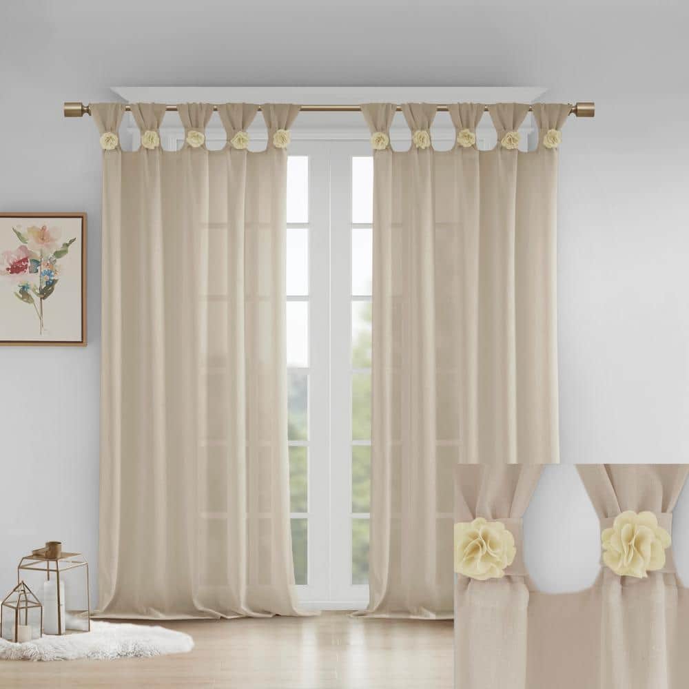 Linen Tab Top Sheer Curtain Panel with Floral Embellishments