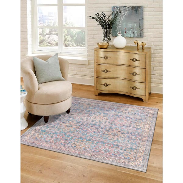 Nostalgia Bliss Antique Blue 8 ft. Square Machine Washable Area Rug