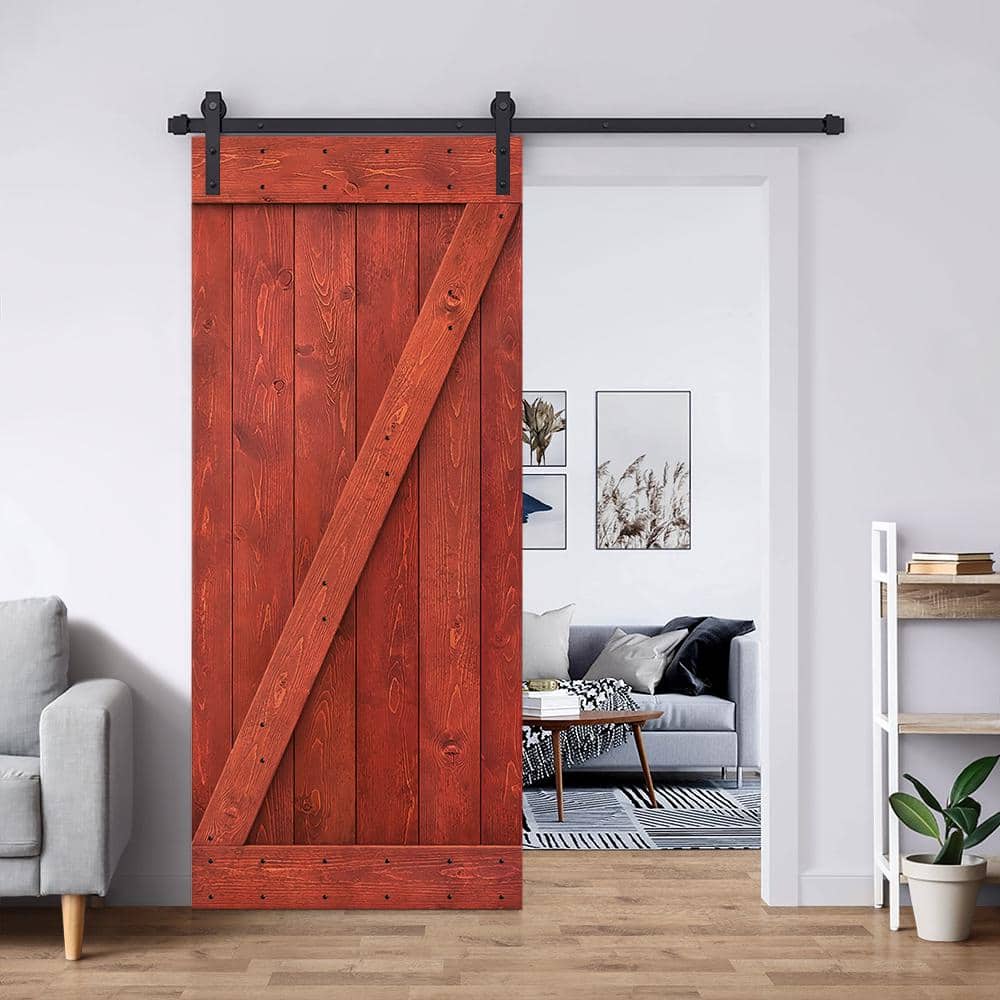 Cherry Red Solid Wood Barn Door Kit with Matte Black Hardware