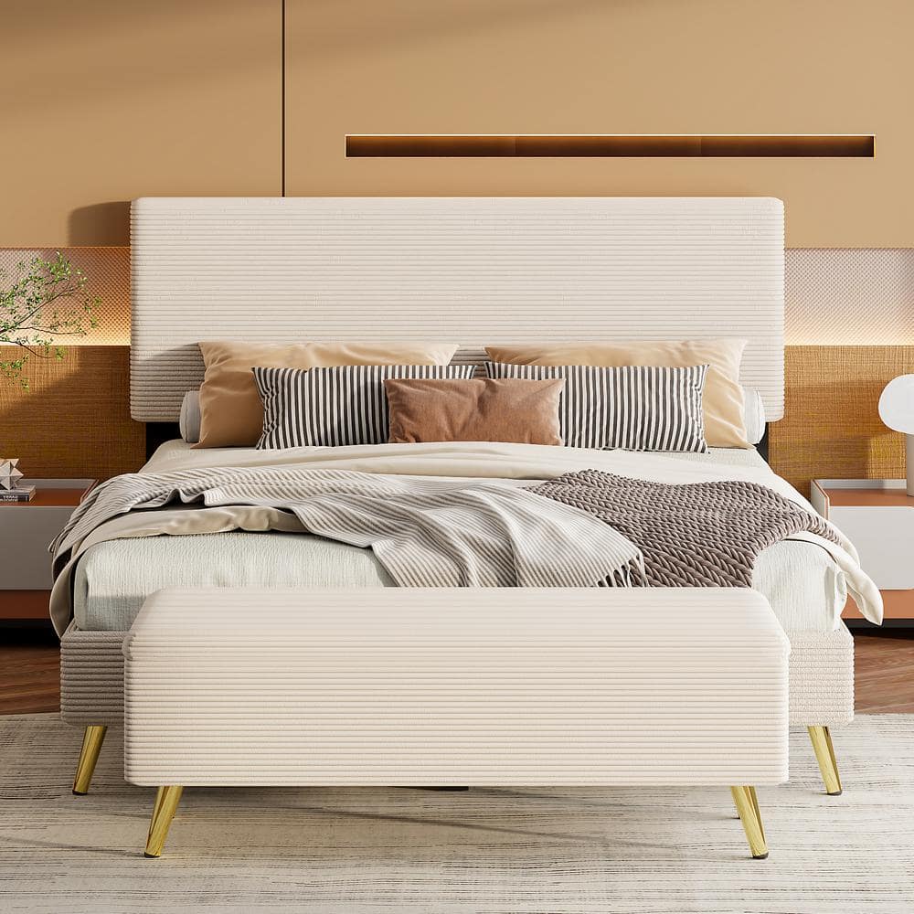 2-Piece Beige Queen Wood Bedroom Set Corduroy Upholstered Platform Bed Fram