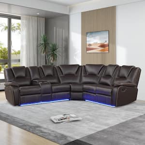 102 in. Square Arm 3-Piece Faux Leather Curved Sectional Sofa in Brown with Reclining